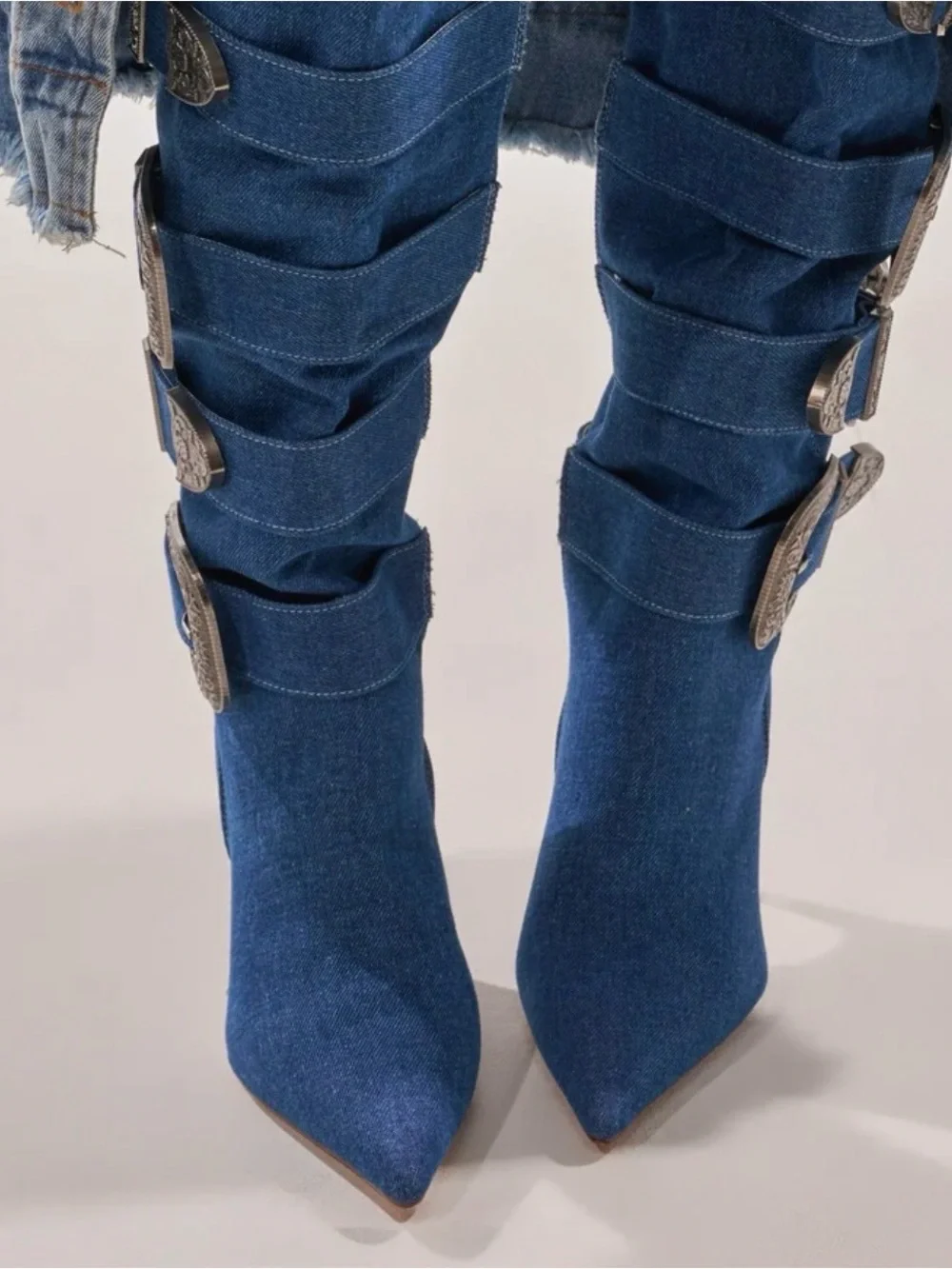 AKIRA Denim Blue Over-the-Knee Buckle Stiletto Boots